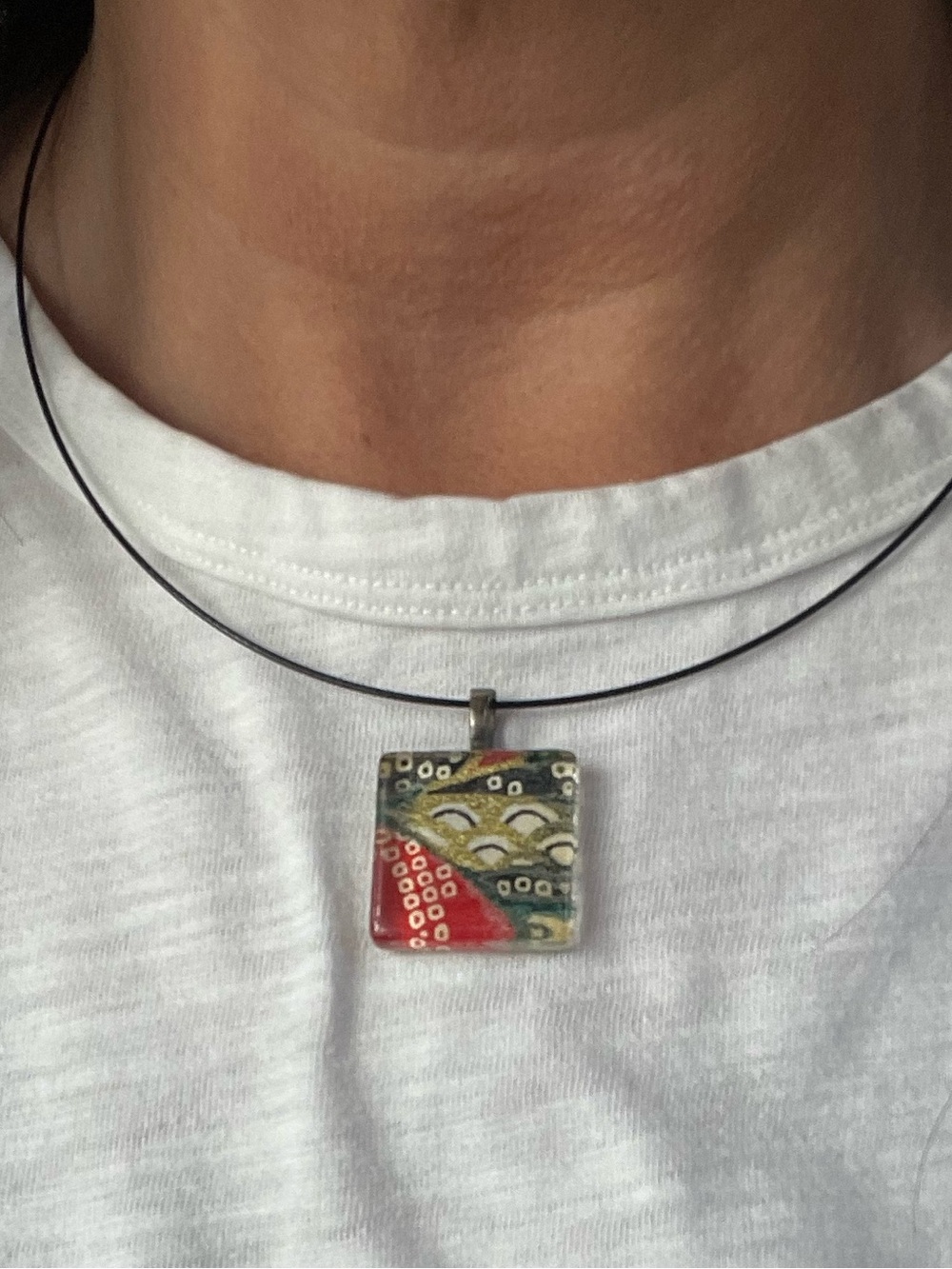 Artisan Fused Glass Pendant Gunmetal Omega Cord Necklace